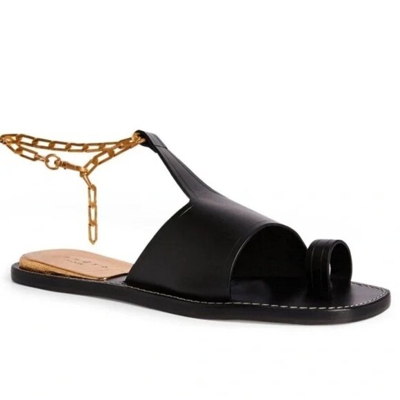 Sandro Noir Parma Flat Sandals Chain Ankle Black Leather Open Toe Size 5.5 INB - Picture 1 of 9